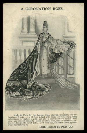 A coronation robe, advertising card for John Ruszit's Fur Company, New York (engraving)
