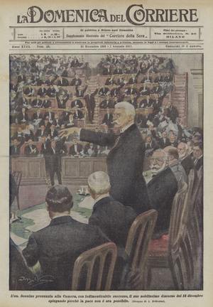 The Hon. Sonnino delivers to the Chamber, with unforgettable success, his most noble speech by  (colour litho)