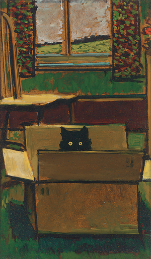 Cat in a cardboard box (oil on board)