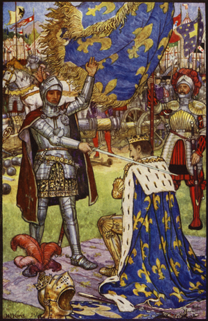 Francis I, the King of France, receives the order of Knighthood from Bayard (colour litho)
