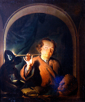 A Man lighting a Pipe at a Casement (oil on panel)