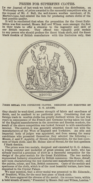 Prize Medal for Superfine Cloths, designed and executed by G G Adams (engraving)