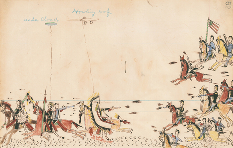 Under Cloud and Howling Wolf fight with Gen. Sully in 1868, 7th Cavy near the Present Camp Supply, 1874-75 (pen, ink & w/c on ledger paper)