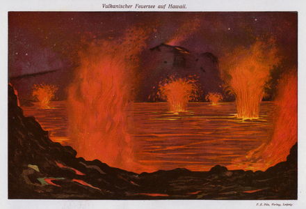 Volcanic lake of molten lava, Hawaii (colour litho)