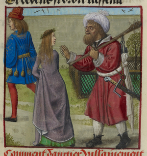 Detail of a miniature of Danger expellling the Lover and Bel Accueil (Fair Welcome) from the garden, from 'Le Roman de la Rose', 15th century
