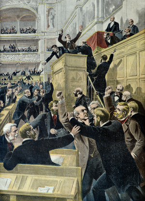 Austrian deputies fight during a Reichsrat session in Vienna in 1897 (Engraving)