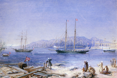 Schooner 'Cambria', Royal Thames Yacht, passing Port Tewfik, 1869