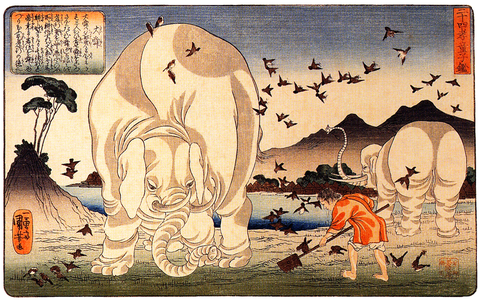Japan: 'Thaishun with elephants'. Utagawa Kuniyoshi (1797-1861)
