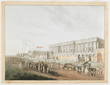 The New Court House and Chandpam Ghaut from the Views of Calcutta, 1787 (aquatint, ink and w/c on paper)
