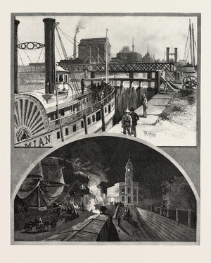 Montreal, Steamer Passing Locks, and Unloading Ships by Electric Light, Canada, Nineteenth Century Engraving