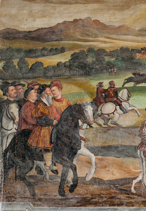 Hunting scene, detail of the Visit of Christian I of Denmark to Bartolomeo Colleoni, Hall of Honour, 1474 (fresco)