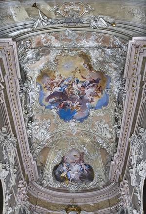 View of the frescoes in the ceiling of the chancel, Church of Saint Eusebio, Castel San Pietro, Canton Ticino, Switzerland (photo)