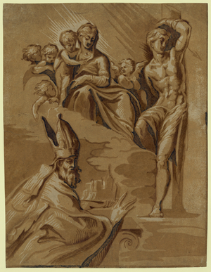 The Virgin, St. Sebastian and a Holy Bishop, Date Created Between 1500 and 1535,Chiaroscuro Woodcut, Color, 8  X 2 , Three Separate Vignettes: The Virgin Mary Holding the Infant Jesus, Saint Sebastian, and a Bishop Wearing a Mitre