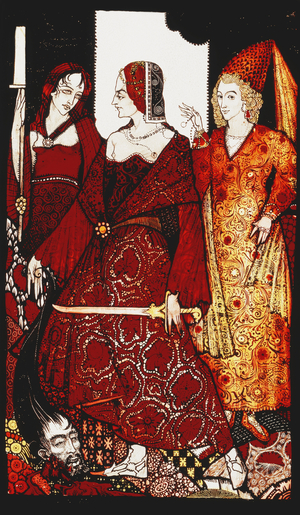 Queens who cut the hogs of Glanna...'. 'Queens', nine glass panels acided, stained and painted, Illustrating J.M. Synge's poem, 1917 (paint on glass)