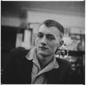 Ralph Rumney, portrait of artist and husband of Pegeen Guggenheim, daughter of Peggy Guggenheim, Soho, London, UK, mid 1950's (b/w photo)