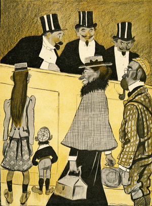 A lost English family ask for directions at the Opera, 1903 (litho)