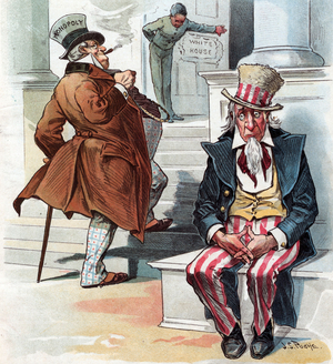Uncle Sam sitting on the steps to the White House, 1896