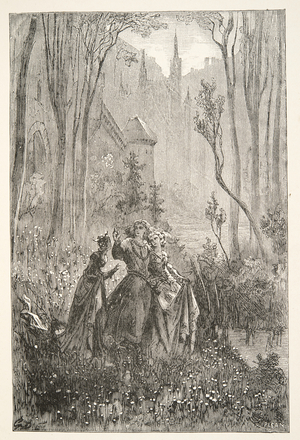 The Countess of the Fountain and her Damsels, from 'Stories of the Days of King Arthur' by Charles Henry Hanson, pub.1898 (engraving)