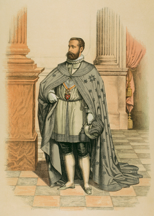 Minister Secretary of the three Orders of Charles III, the Royal Order of Noble Ladies of Queen Maria Luisa and Isabella the Catholic, wearing the insignia and the ceremonial dress of Commander of Number, Chromolithography, 1865, Spain