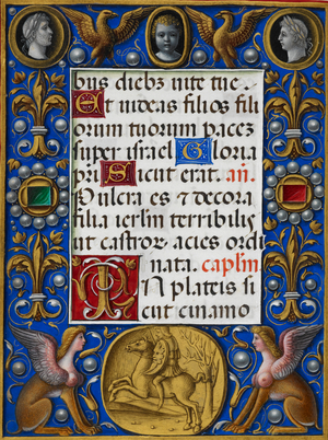 Text page from Hours of the Virgin with decorated border showing a medallion of a classical horseman
