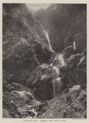 Picturesque India, Waterfall below Pindri Glacier (b/w photo)