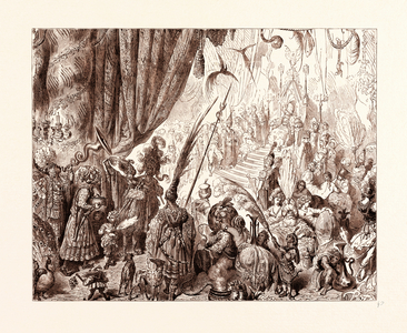 The Court of the King of Serendib, by Gustave Dore, 1832 - 1883, French. Engraving for the Persian Fairy Tale the Legend of Sinbad the Sailor. C. 1870, Art, Artist, Romanticism, Colour, Color Engraving. Serendib Being Modern Day Sri Lanka