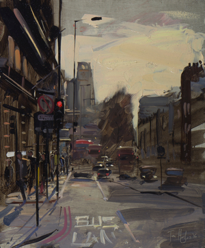 Buckingham Palace rd, contre jour, February, 2016 (oil on board)
