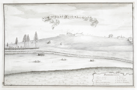 A view of Fort Beauséjour from the Missaguash River; buildings to the right; trees on the left; figures on boats in the foreground