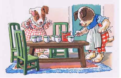 Peter and Polly painting a green rim round the edges of the cups (colour litho)