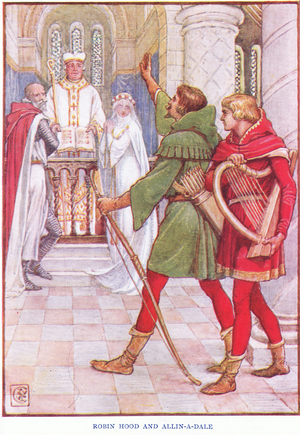 Robin Hood and Alan-a-Dale, c.1920 (colour litho)