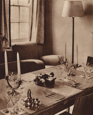 Dinner table setting, mid 1930s (b/w photo)