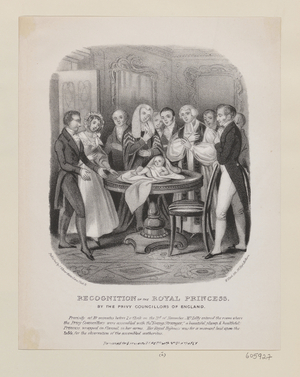 Recognition of the Royal Princess by the Privy Councillors of England, c.1840s (litho)