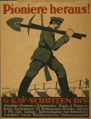 "Pioneers Out!", 1918 (colour litho)