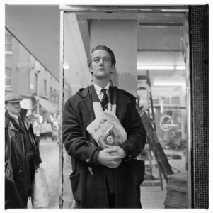 Portrait of man of unknown details, standing on Berwick Street Soho London, possibly 1962 (b/w photo)