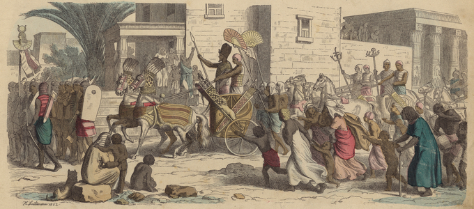 An Ancient Egyptian pharaoh setting off for war (coloured engraving)