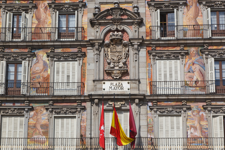 Madrid, Spain.  Plaza Mayor. Murals on facade. (photo)