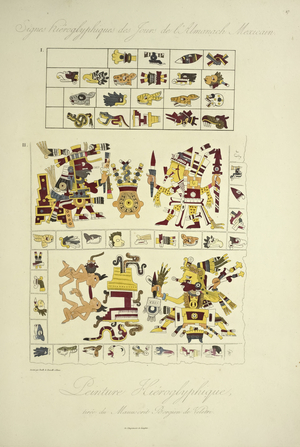 Hieroglyphic Paintings, from the Borgia Manuscript at Veletri, illustration from 'Vues des Cordillères et Monumens des Peuples Indigènes de l'Amérique' by Alexander von Humboldt and Aime Bonpland, 1813 (hand-coloured engraving)