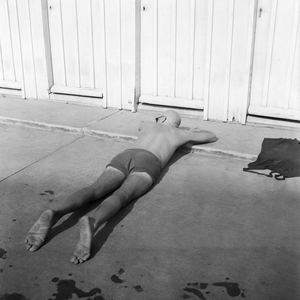 Patient sunbathing at one of the various spa resorts of Aachen, Germany 1930s (b/w photo)