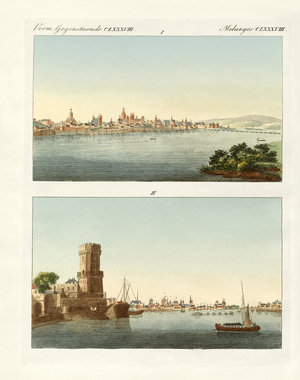 Strange towns on the Rhine (coloured engraving)