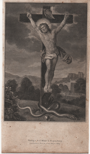Jesus on the cross with snake, unknown (engraving)