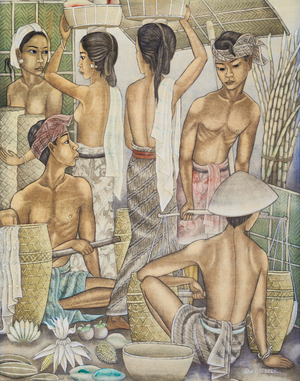 Shopping at the market, 1956 (tempera on canvas)