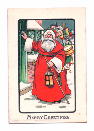 Edwardian postcard of Father Christmas holding a lantern and rod with a sack of toys on his back, c.1910 (colour litho)