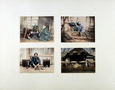 A: pipe mender, B: carpenters at work, C: grinding tool, D: umbrella maker, 19th century (hand-coloured b/w photo)