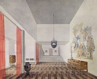 1930s interiors: Hall of a club (colour litho)