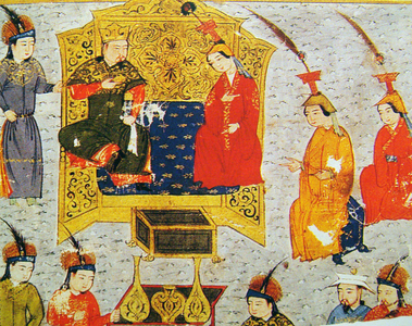 Tolui Khan (1192-1232) with his wife Sorghaghtani (c. 1198-1252) from 'Rashid al-Din'(print)