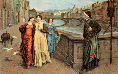 Dante Alighieri meeting his muse Beatrice Portinari in Firenze,20th century (print)