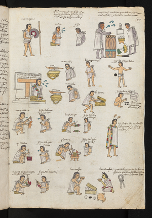 Respectable careers for young males, contrasted with wasted lives. Codex Mendoza, 1541-1650 (pictorial manuscript)