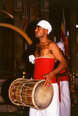 Sri Lanka: Drummer during the evening <i>puja</i> (worship and oferings time) at the Temple of the Tooth, Kandy