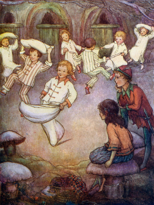 Dance and pillowfight in house underground (colour litho)