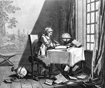 Rene Descartes (1596-1650) French philosopher here at his desk composing his system of the world, engraving